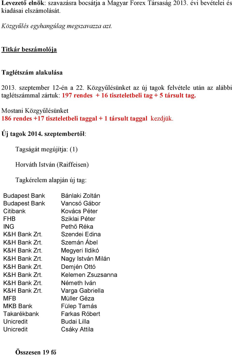 Mostani Közgyűlésünket 186 rendes +17 tiszteletbeli taggal + 1 társult taggal kezdjük. Új tagok 2014.