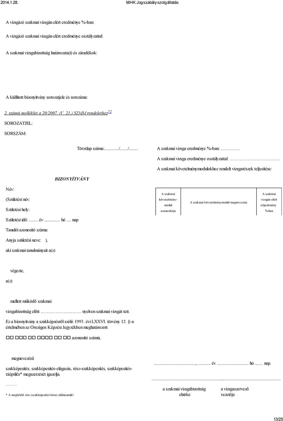 A szakmai követelménymodulokhoz rendelt vizsgarészek teljesítése: BIZONYÍTVÁNY Név: (Születési név: Születési hely: A szakmai követelménymodul azonosítója A szakmai követelménymodul megnevezése A