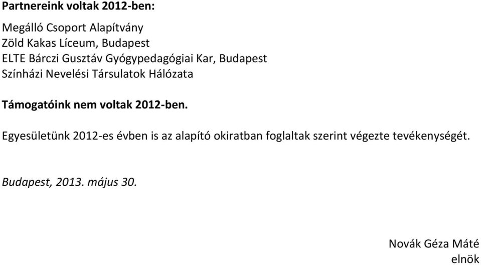 Hálózata Támogatóink nem voltak 2012-ben.