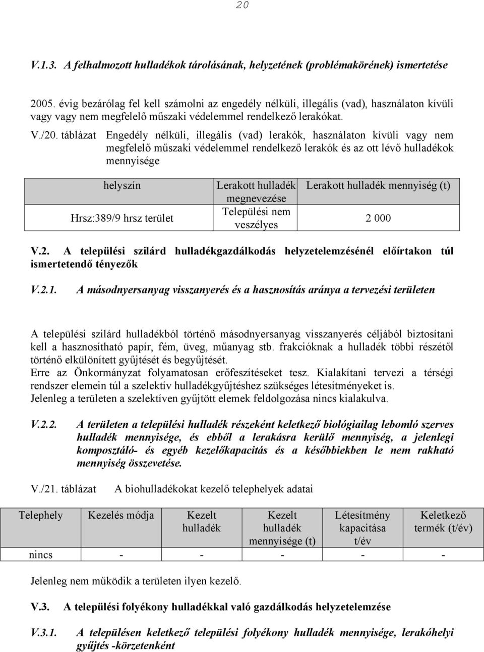 táblázat Engedély nélküli, illegális (vad) lerakók, használaton kívüli vagy nem megfelelő műszaki védelemmel rendelkező lerakók és az ott lévő ok mennyisége helyszín Hrsz:389/9 hrsz terület Lerakott