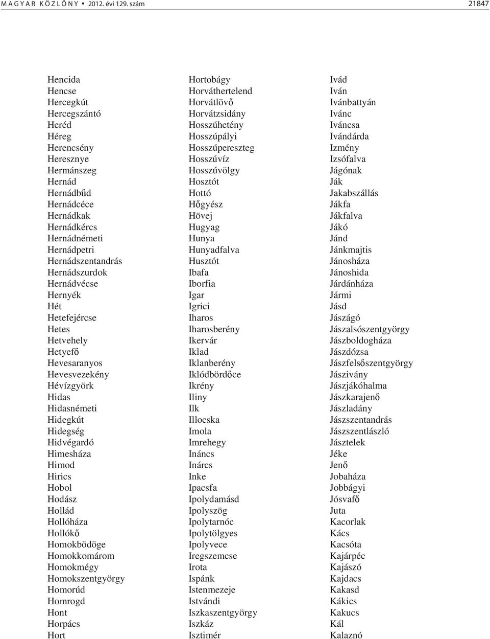 Hernádvécse Hernyék Hét Hetefejércse Hetes Hetvehely Hetyef Hevesaranyos Hevesvezekény Hévízgyörk Hidas Hidasnémeti Hidegkút Hidegség Hidvégardó Himesháza Himod Hirics Hobol Hodász Hollád Hollóháza