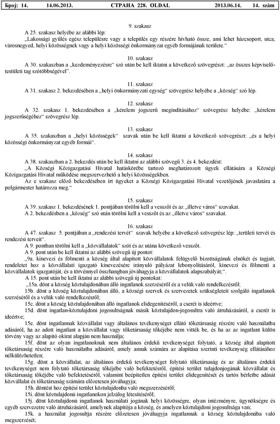 önkormányzat egyéb formájának területe. 10. szakasz A 30. szakaszban a kezdeményezésre szó után be kell iktatni a következő szövegrészt: az összes képviselőtestületi tag szótöbbségével. 11.