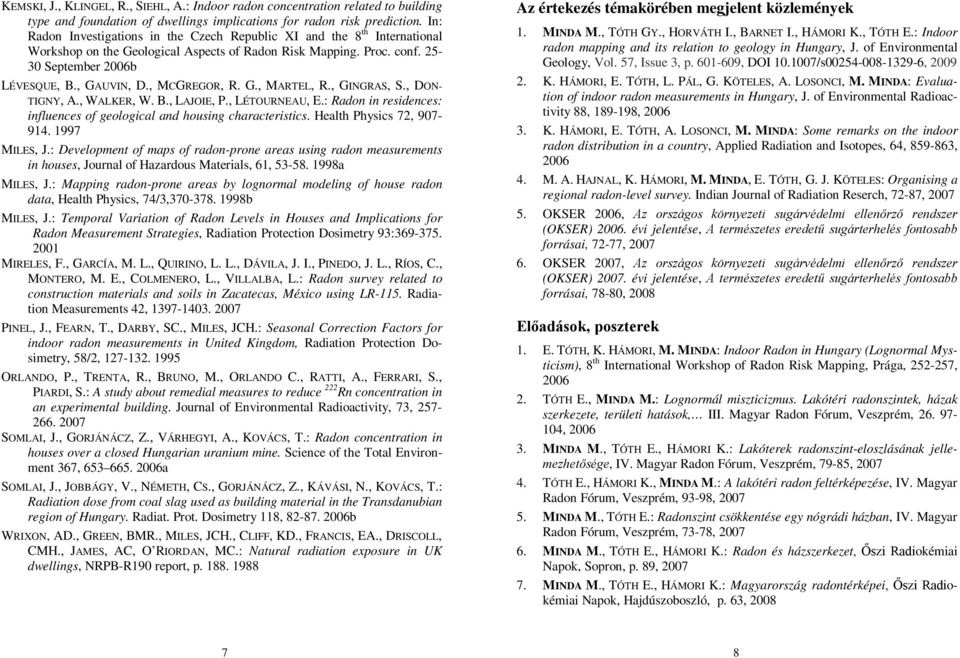 , MCGREGOR, R. G., MARTEL, R., GINGRAS, S., DON- TIGNY, A., WALKER, W. B., LAJOIE, P., LÉTOURNEAU, E.: Radon in residences: influences of geological and housing characteristics.