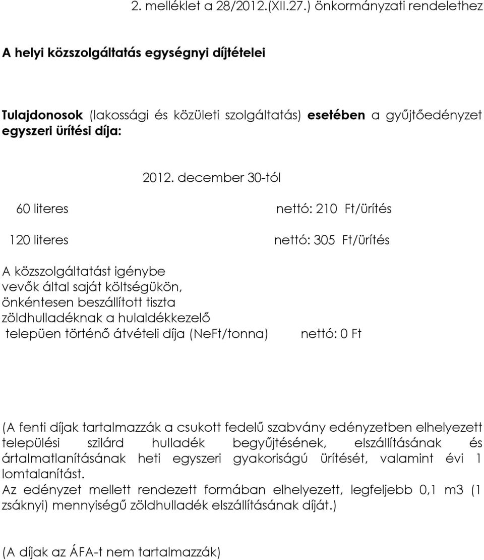 december 30-tól 60 literes nettó: 210 Ft/ürítés 120 literes nettó: 305 Ft/ürítés A közszolgáltatást igénybe vevők által saját költségükön, önkéntesen beszállított tiszta zöldhulladéknak a