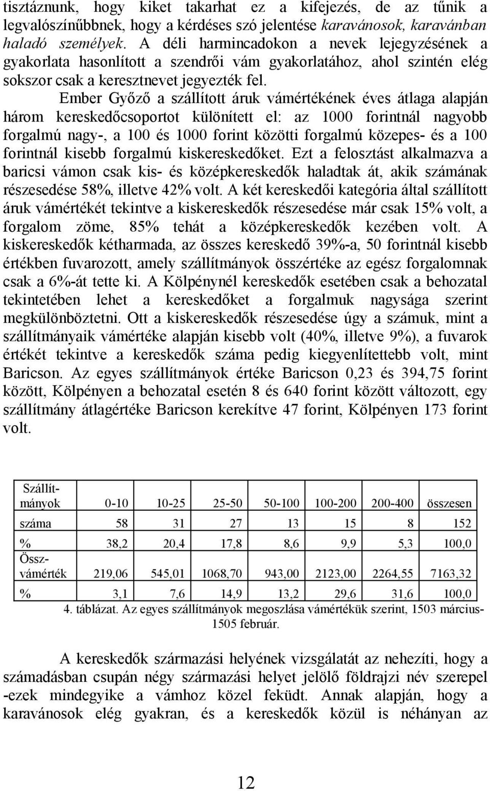 Ember Győző a szállított áruk vámértékének éves átlaga alapján három kereskedőcsoportot különített el: az 1000 forintnál nagyobb forgalmú nagy-, a 100 és 1000 forint közötti forgalmú közepes- és a