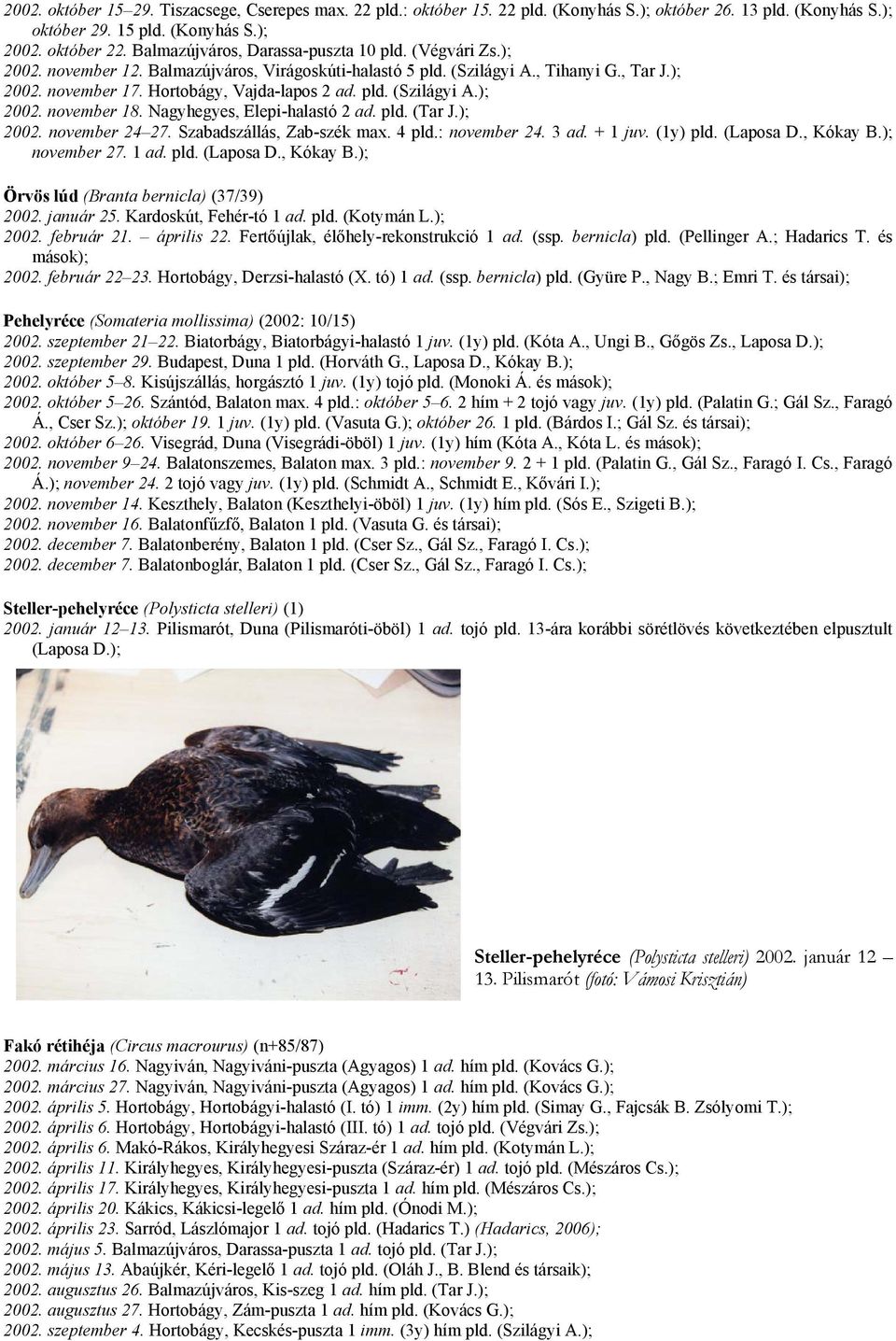 pld. (Szilágyi A.); 2002. november 18. Nagyhegyes, Elepi-halastó 2 ad. pld. (Tar J.); 2002. november 24 27. Szabadszállás, Zab-szék max. 4 pld.: november 24. 3 ad. + 1 juv. (1y) pld. (Laposa D.