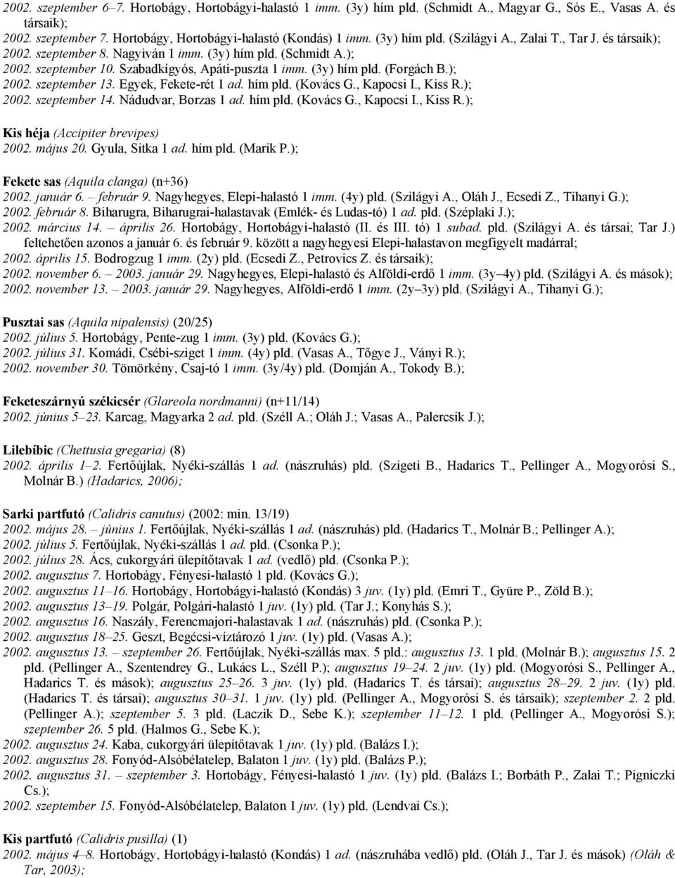 ); 2002. szeptember 13. Egyek, Fekete-rét 1 ad. hím pld. (Kovács G., Kapocsi I., Kiss R.); 2002. szeptember 14. Nádudvar, Borzas 1 ad. hím pld. (Kovács G., Kapocsi I., Kiss R.); Kis héja (Accipiter brevipes) 2002.