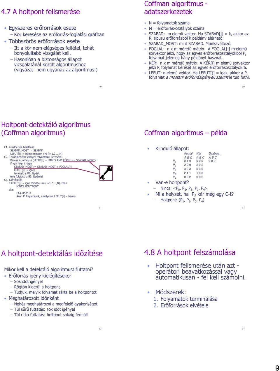 ) Coffman algoritmus - adatszerkezetek N = folyamatok száma M= erőforrás-osztályok száma SZABAD: m elemű vektor. Ha SZABAD[j] = k, akkor az R j típusú erőforrásból k példány elérhető.