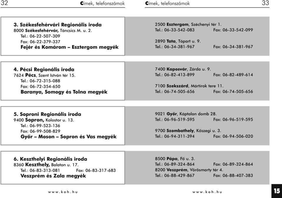 Keszthelyi Regionális iroda 0 Keszthely, Balaton u.. Tel.: 0---0 Fax: 0--- Veszprém és Zala megyék 00 Esztergom, Széchenyi tér. Tel.: 0---0 Fax: 0---0 0 Tata, Tópart u.. Tel.: 0--- Fax: 0--- 00 Kaposvár, Zárda u.