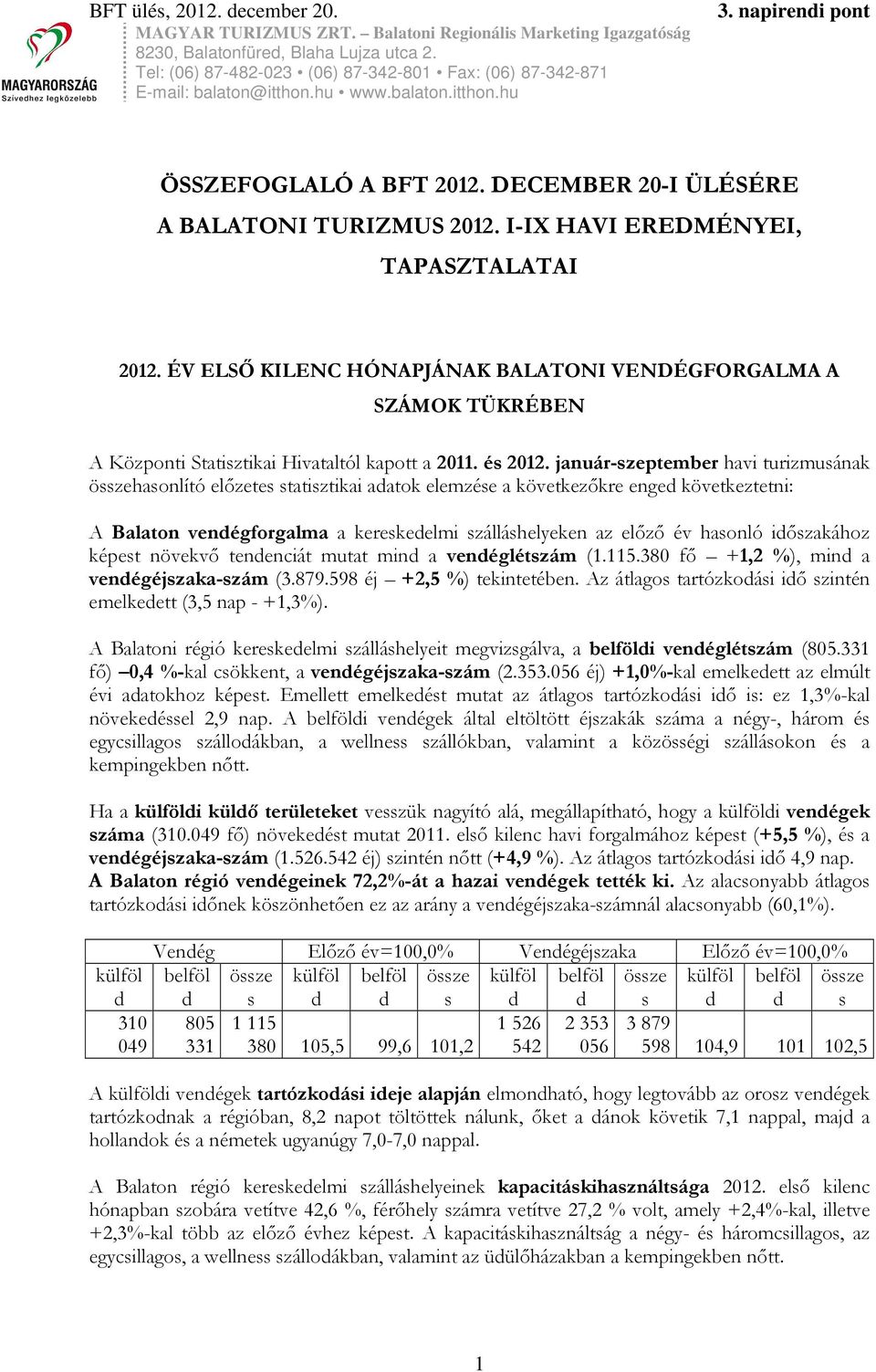 január-zeptember havi turizmuának haonlító előzete tatiztikai aatok elemzée a következőkre enge következtetni: A Balaton venégforgalma a kerekeelmi zálláhelyeken az előző év haonló iőzakához képet