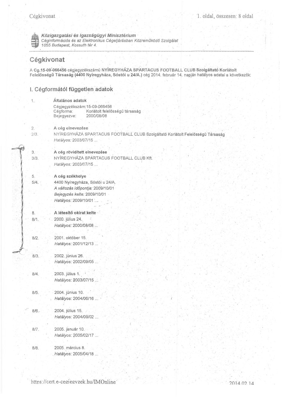 napján hatályos adatai a köv.etkezők : I. Cégformától függetl~n.-adatok 1. Általános adatok Cégjegyzékszám: 15-09-066456. Cégforma: Korlátolt felelősségű társaság Bejegyezve: 2000/08/08 2.