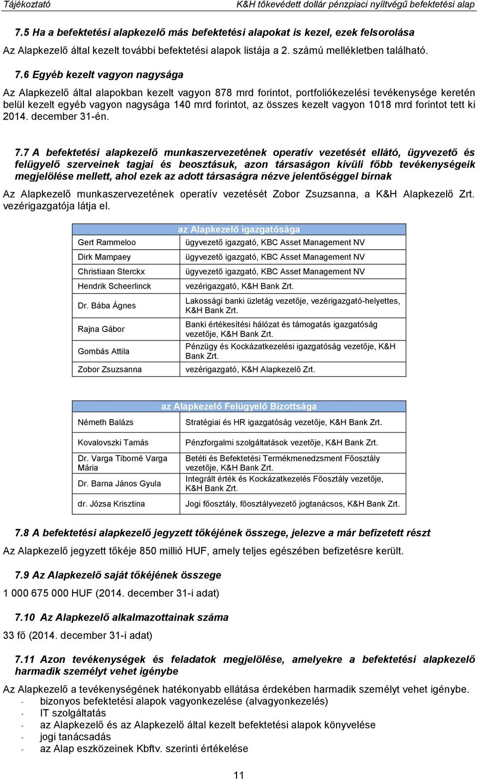 6 Egyéb kezelt vagyon nagysága Az Alapkezelő által alapokban kezelt vagyon 878 mrd forintot, portfoliókezelési tevékenysége keretén belül kezelt egyéb vagyon nagysága 140 mrd forintot, az összes