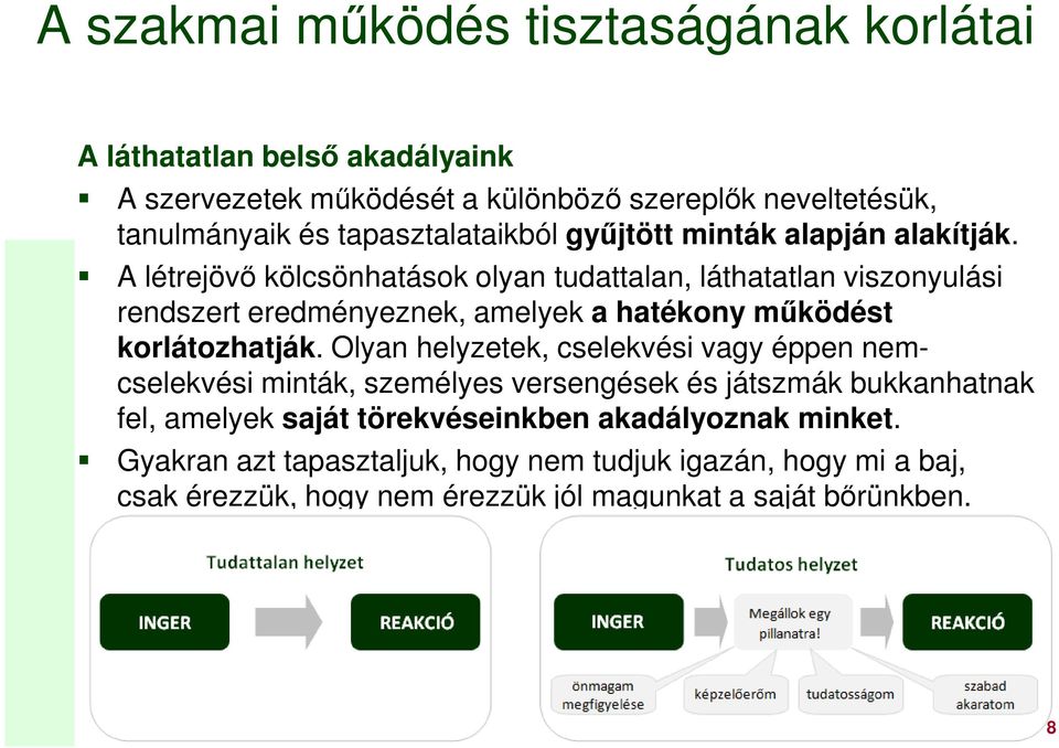 A létrejövő kölcsönhatások olyan tudattalan, láthatatlan viszonyulási rendszert eredményeznek, amelyek a hatékony működést korlátozhatják.