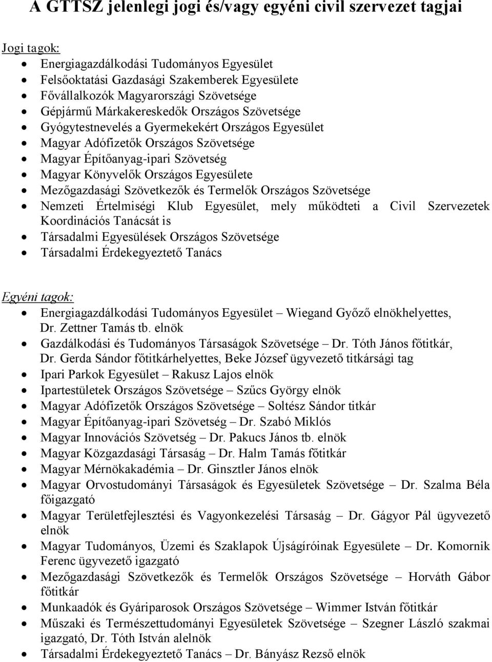 Egyesülete Mezőgazdasági Szövetkezők és Termelők Országos Szövetsége Nemzeti Értelmiségi Klub Egyesület, mely működteti a Civil Szervezetek Koordinációs Tanácsát is Társadalmi Egyesülések Országos