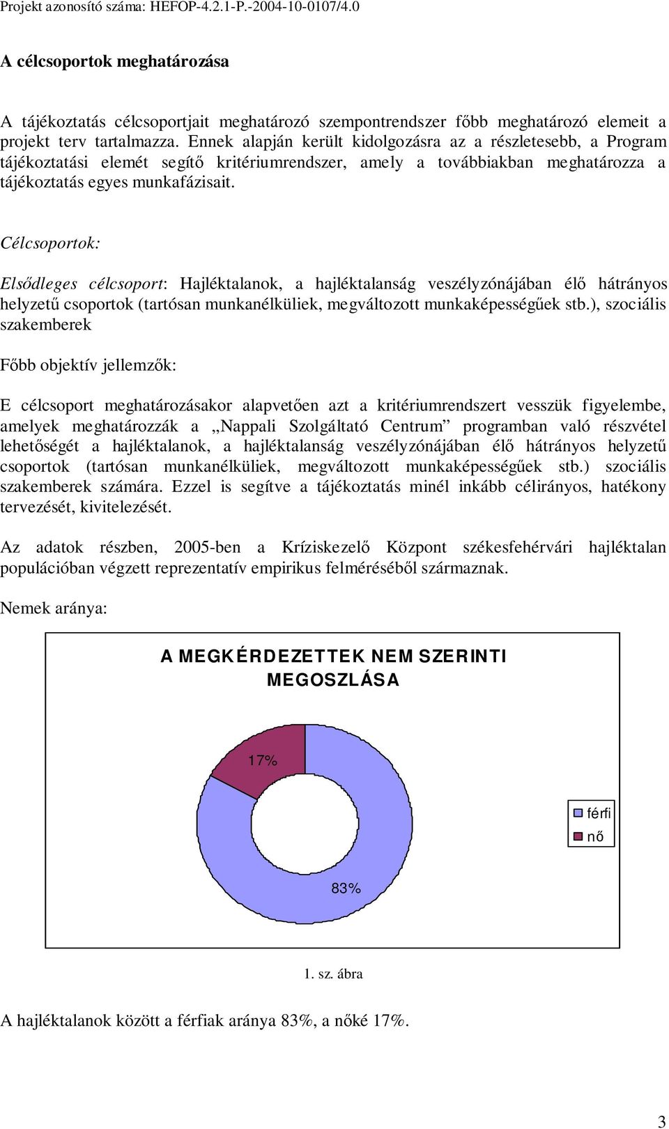 Célcsoportok: Elsıdleges célcsoport: Hajléktalanok, a hajléktalanság veszélyzónájában élı hátrányos helyzető csoportok (tartósan munkanélküliek, megváltozott munkaképességőek stb.