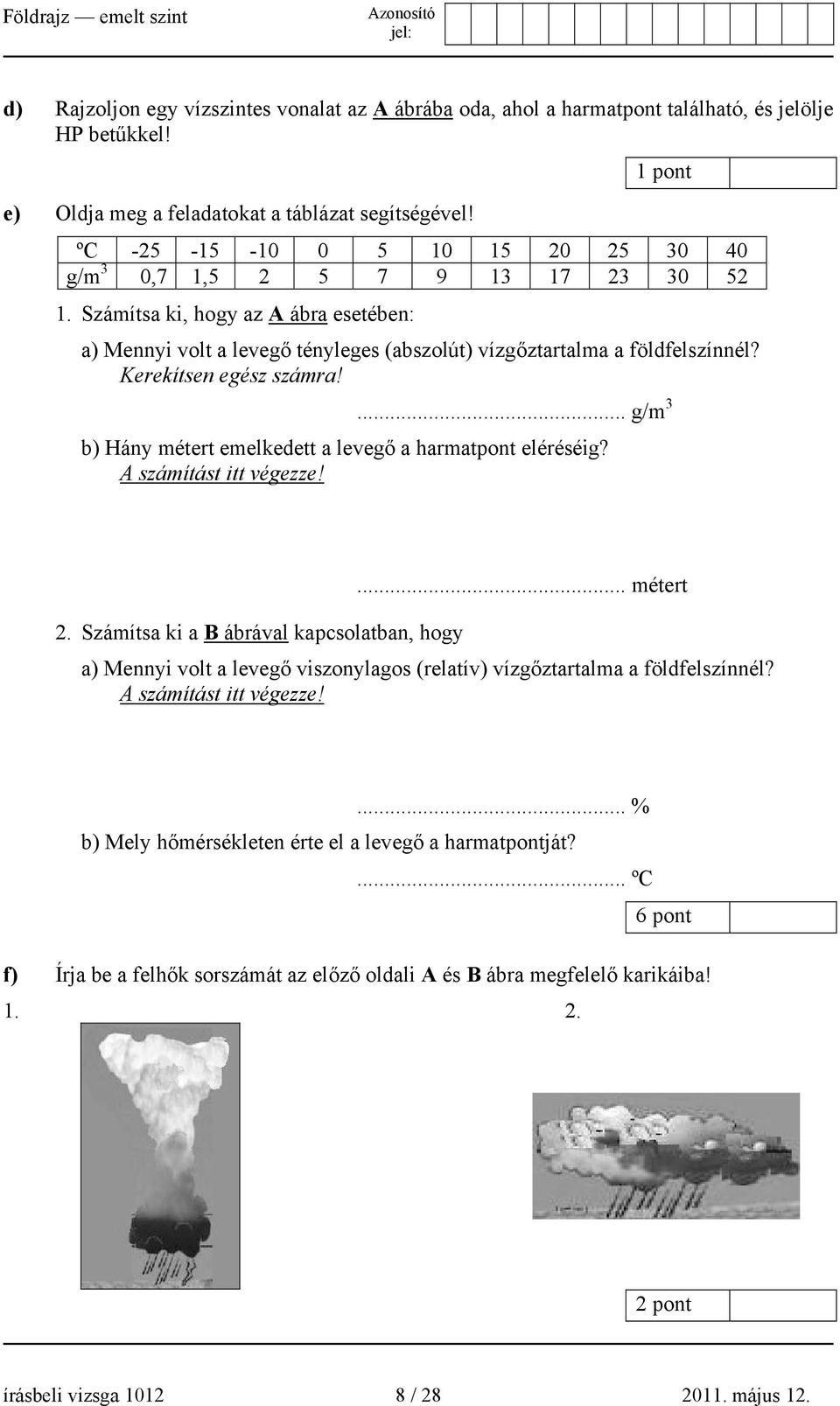 Kerekítsen egész számra!... g/m 3 b) Hány métert emelkedett a levegő a harmatpont eléréséig? A számítást itt végezze!... métert 2.