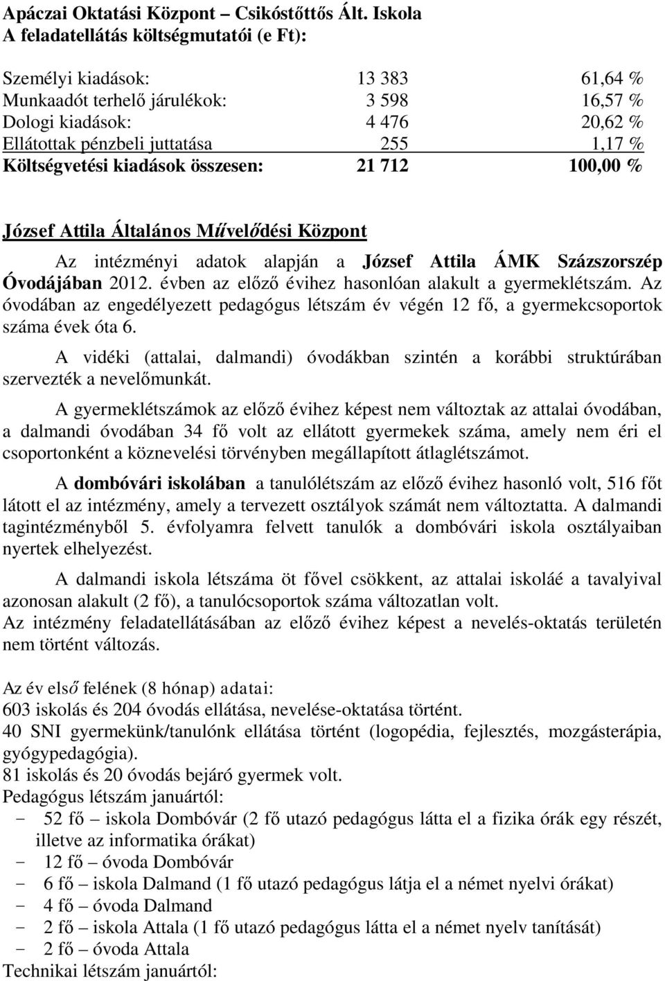 Költségvetési kiadások összesen: 21 712 100,00 % József Attila Általános Művelődési Központ Az intézményi adatok alapján a József Attila ÁMK Százszorszép Óvodájában 2012.