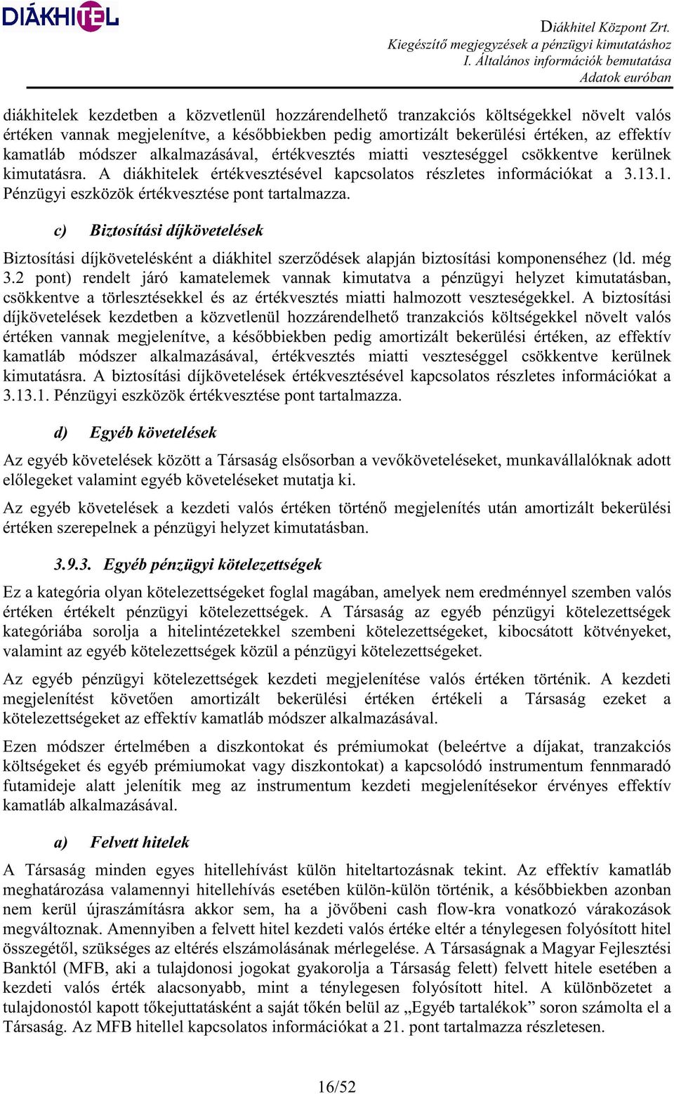 .1. Pénzügyi eszközök értékvesztése pont tartalmazza. c) Biztosítási díjkövetelések Biztosítási díjkövetelésként a diákhitel szerz dések alapján biztosítási komponenséhez (ld. még 3.