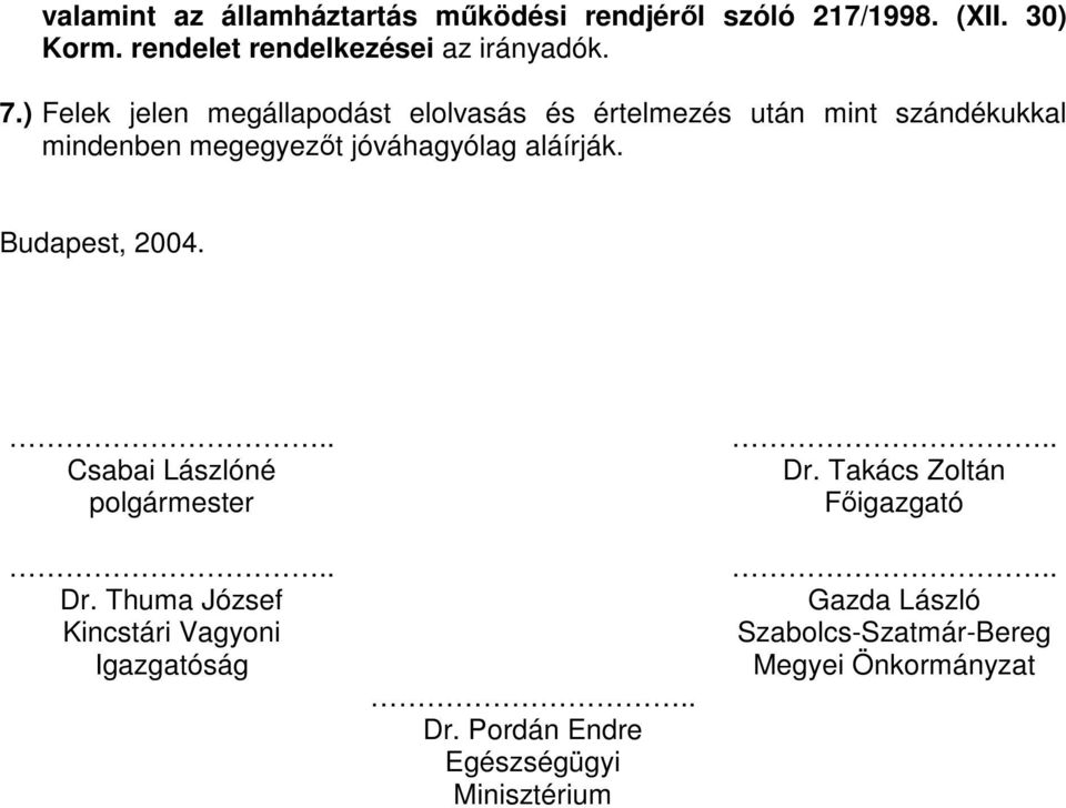 aláírják. Budapest, 2004. Csabai Lászlóné polgármester Dr. Thuma József Kincstári Vagyoni Igazgatóság Dr.