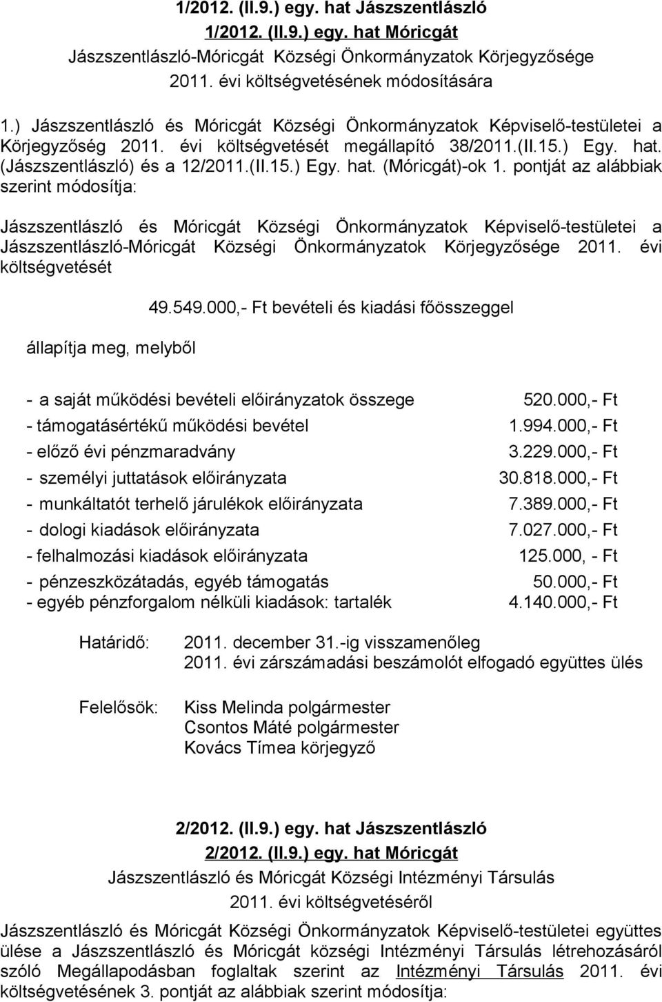 pontját az alábbiak szerint módosítja: Jászszentlászló és Móricgát Községi Önkormányzatok Képviselő-testületei a Jászszentlászló-Móricgát Községi Önkormányzatok Körjegyzősége 2011.