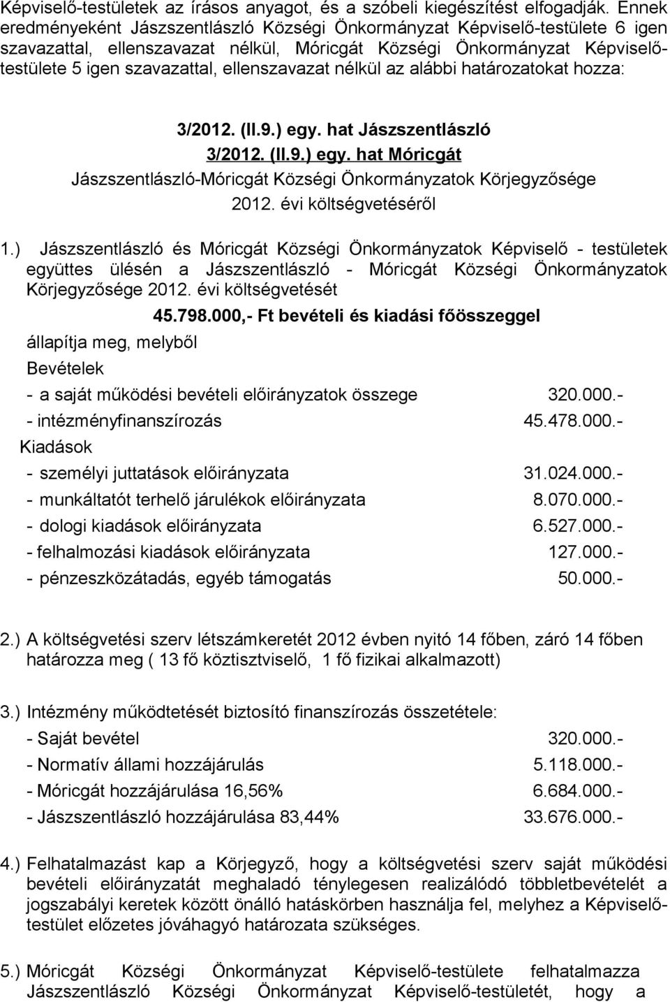 ellenszavazat nélkül az alábbi határozatokat hozza: 3/2012. (II.9.) egy. hat Jászszentlászló 3/2012. (II.9.) egy. hat Móricgát Jászszentlászló-Móricgát Községi Önkormányzatok Körjegyzősége 2012.