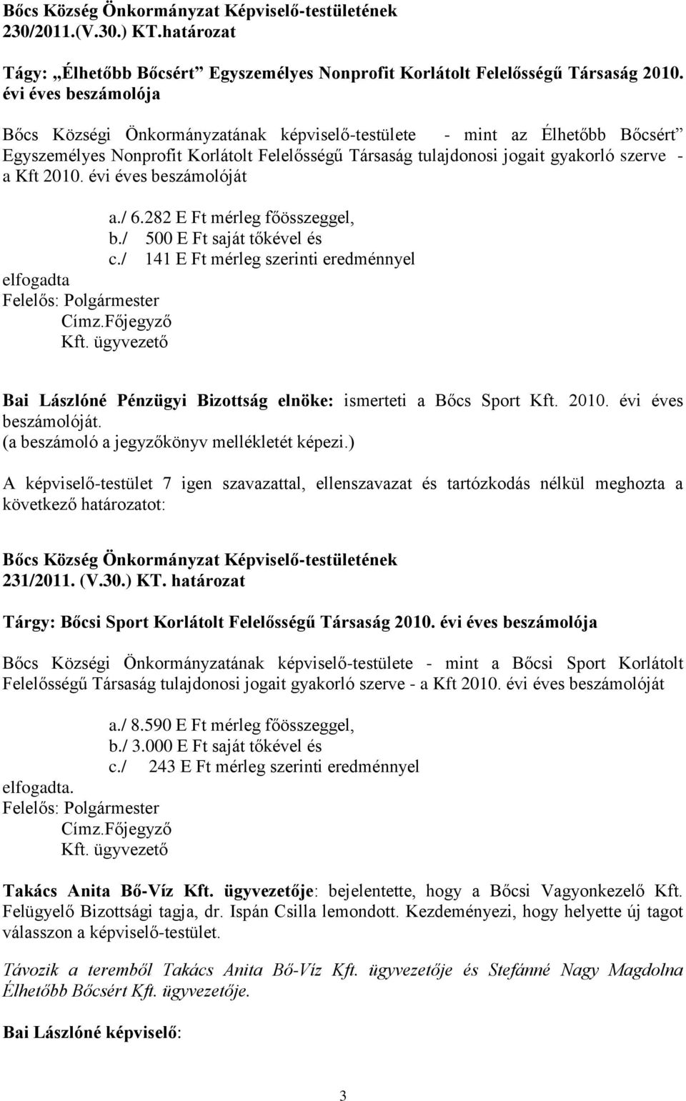 évi éves beszámolóját a./ 6.282 E Ft mérleg főösszeggel, b./ 500 E Ft saját tőkével és c./ 141 E Ft mérleg szerinti eredménnyel elfogadta Kft.