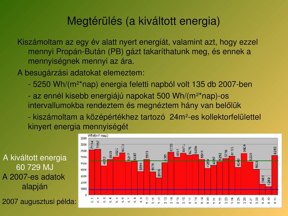 A besugárzási adatokat elemeztem: 5250 Wh/(m 2 *nap) energia feletti napból volt 135 db 2007 ben az ennél kisebb energiájú napokat 500 Wh/(m