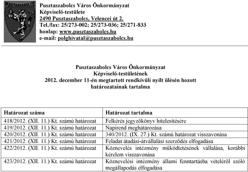 11.) Kt. számú határozat Felkérés jegyzőkönyv hitelesítésére 419/2012. (XII. 11.) Kt. számú határozat Napirend meghatározása 420/2012. (XII. 11.) Kt. számú határozat 340/2012. (IX. 27.) Kt. számú határozat visszavonása 421/2012.