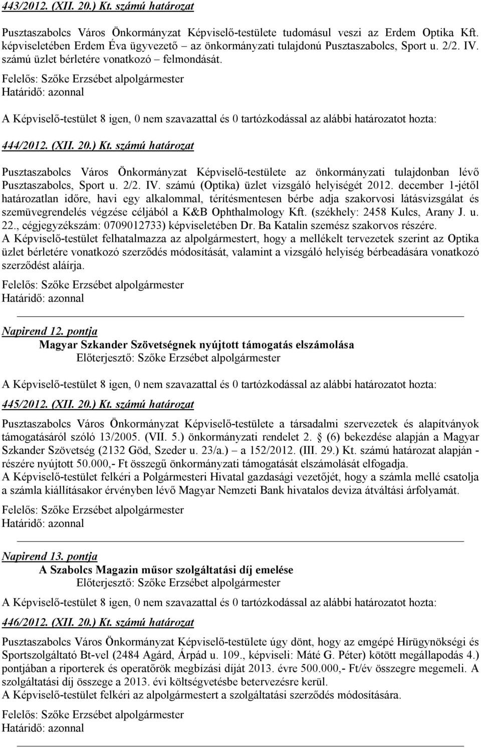 számú határozat Pusztaszabolcs Város Önkormányzat Képviselő-testülete az önkormányzati tulajdonban lévő Pusztaszabolcs, Sport u. 2/2. IV. számú (Optika) üzlet vizsgáló helyiségét 2012.