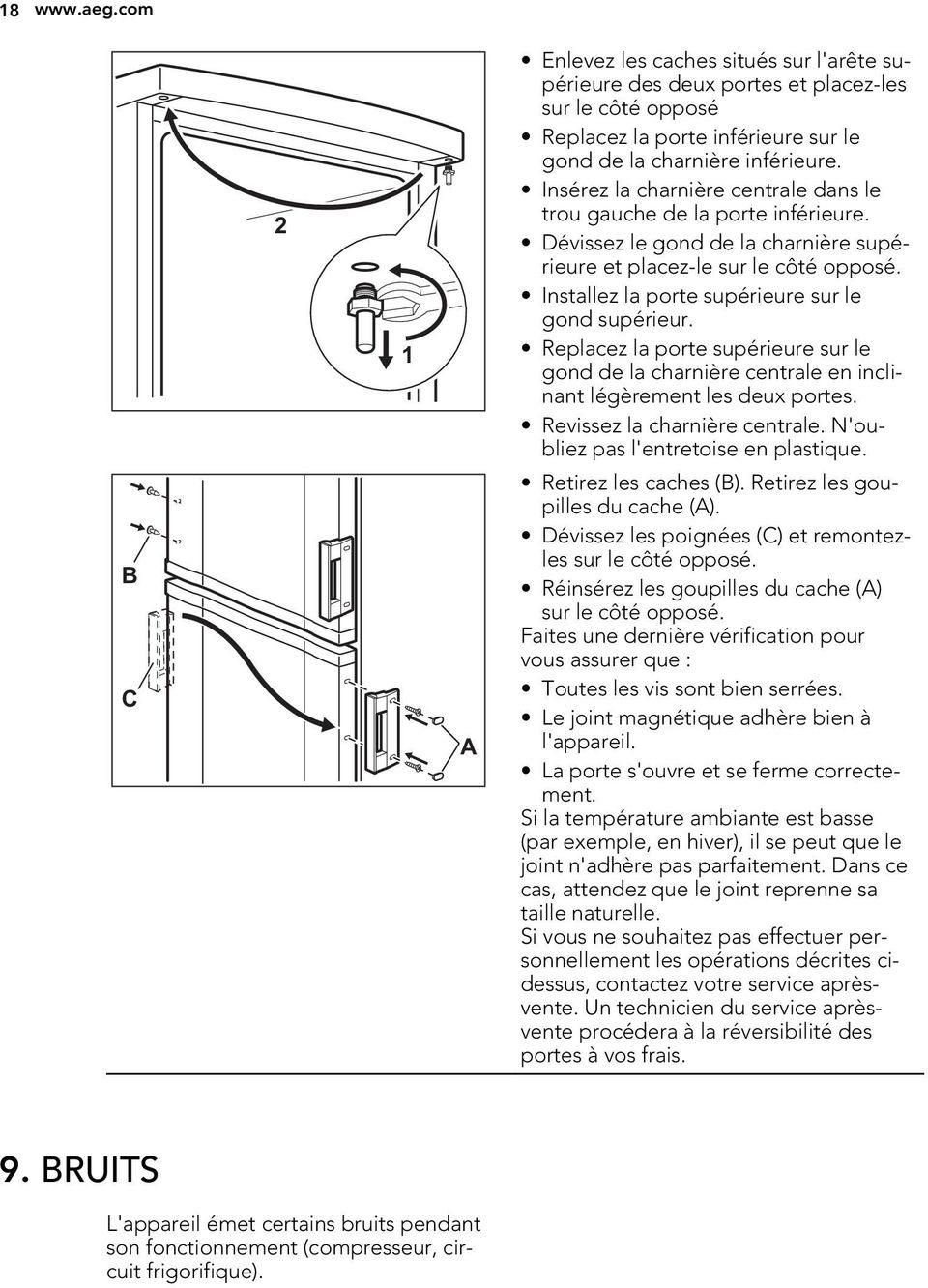 Installez la porte supérieure sur le gond supérieur. Replacez la porte supérieure sur le gond de la charnière centrale en inclinant légèrement les deux portes. Revissez la charnière centrale.