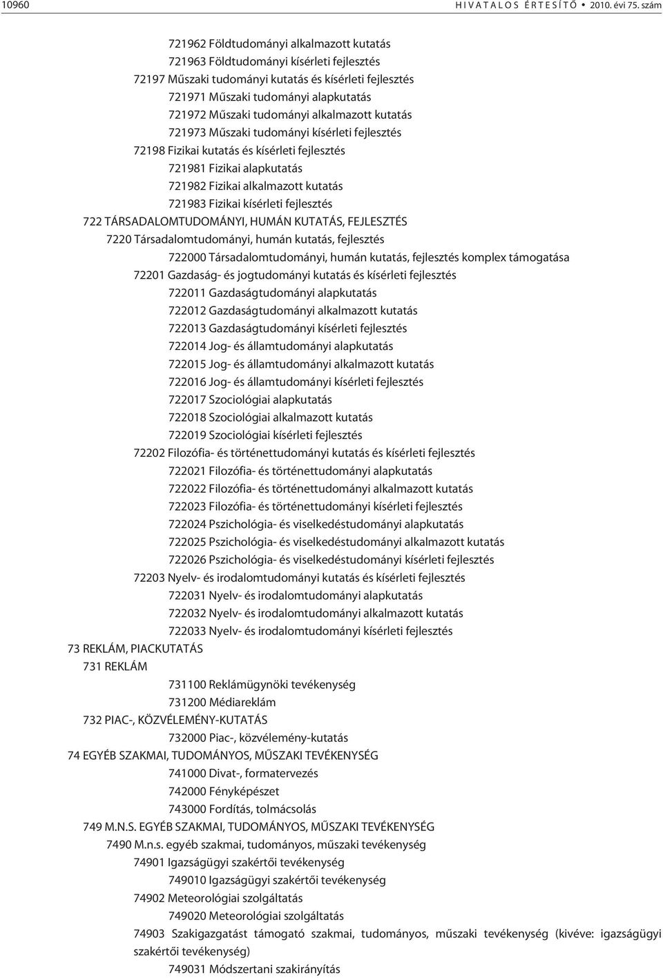 tudományi alkalmazott kutatás 721973 Mûszaki tudományi kísérleti fejlesztés 72198 Fizikai kutatás és kísérleti fejlesztés 721981 Fizikai alapkutatás 721982 Fizikai alkalmazott kutatás 721983 Fizikai