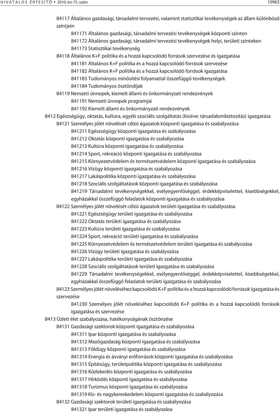 szinten 841172 Általános gazdasági, társadalmi tervezési tevékenységek helyi, területi szinteken 841173 Statisztikai tevékenység 84118 Általános K+F politika és a hozzá kapcsolódó források szervezése