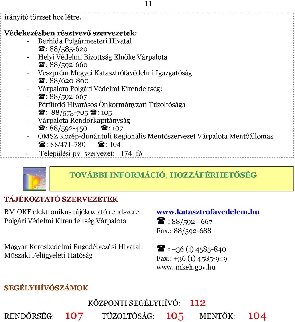 - Várpalota Polgári Védelmi Kirendeltség: - : 88/592-667 - Pétfürdő Hivatásos Önkormányzati Tűzoltósága : 88/573-705 : 105 - Várpalota Rendőrkapitányság : 88/592-450 : 107 - OMSZ Közép-dunántúli