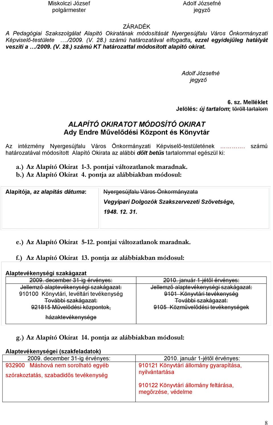 számú a.) Az Alapító Okirat 1-3. pontjai változatlanok maradnak. b.) Az Alapító Okirat 4.