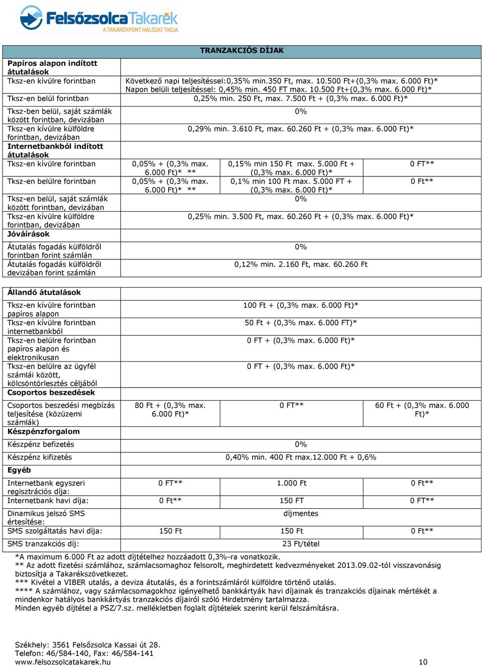 Jóváírások Átutalás fogadás külföldről forintban forint számlán Átutalás fogadás külföldről devizában forint számlán TRANZAKCIÓS DÍJAK Következő napi teljesítéssel:0,35% min.350 Ft, max. 10.
