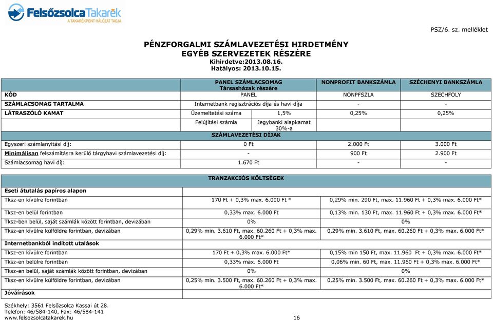 Üzemeltetési száma 1,5% 0,25% 0,25% Felújítási számla Jegybanki alapkamat 30%-a SZÁMLAVEZETÉSI DÍJAK Egyszeri számlanyitási díj: 0 Ft 2.000 Ft 3.