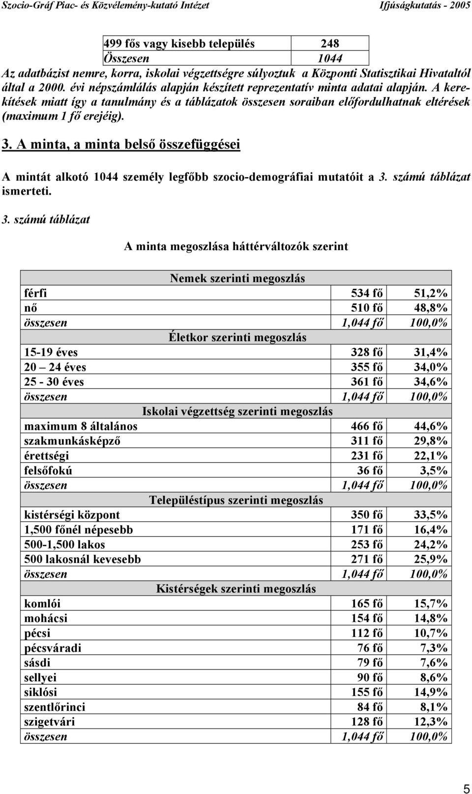 A minta, a minta belső összefüggései A mintát alkotó 1044 személy legfőbb szocio-demográfiai mutatóit a 3.