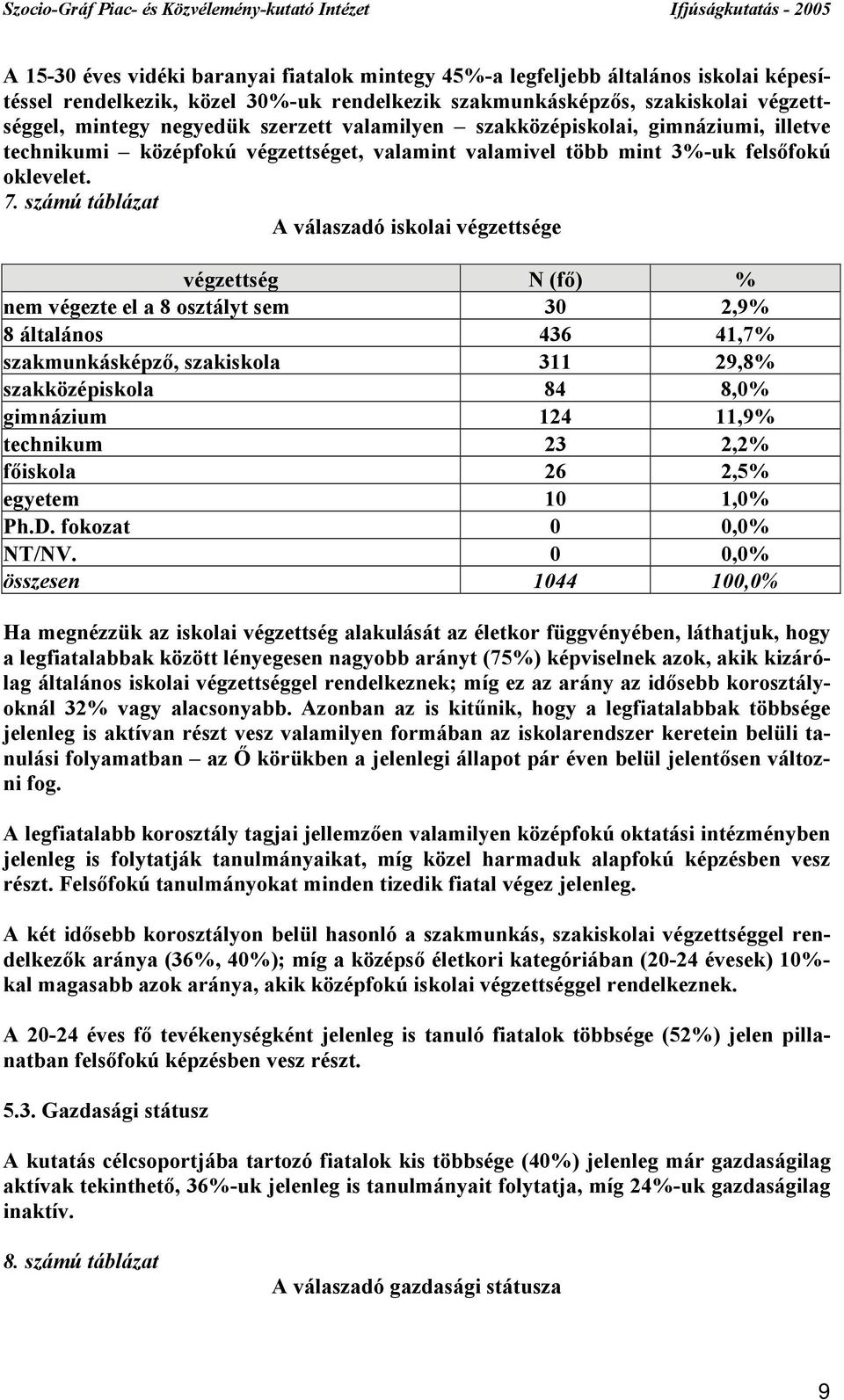 számú táblázat A válaszadó iskolai végzettsége végzettség N (fő) % nem végezte el a 8 osztályt sem 30 2,9% 8 általános 436 41,7% szakmunkásképző, szakiskola 311 29,8% szakközépiskola 84 8,0%