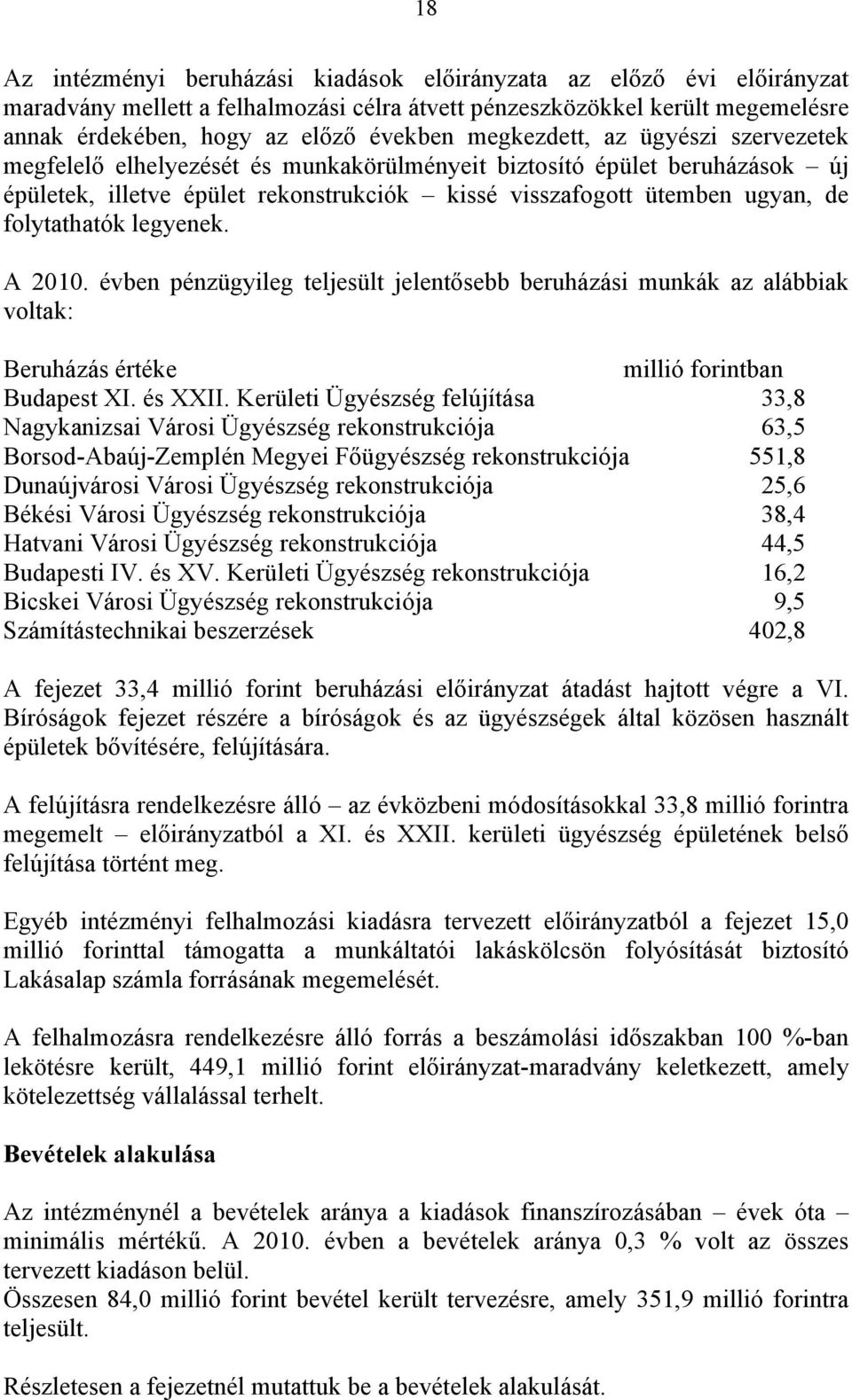 folytathatók legyenek. A 2010. évben pénzügyileg teljesült jelentősebb beruházási munkák az alábbiak voltak: Beruházás értéke millió forintban Budapest XI. és XXII.