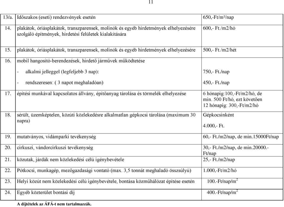 plakátok, óriásplakátok, transzparensek, molinók és egyéb hirdetmények elhelyezésére 500,- Ft./m2/hét 16.