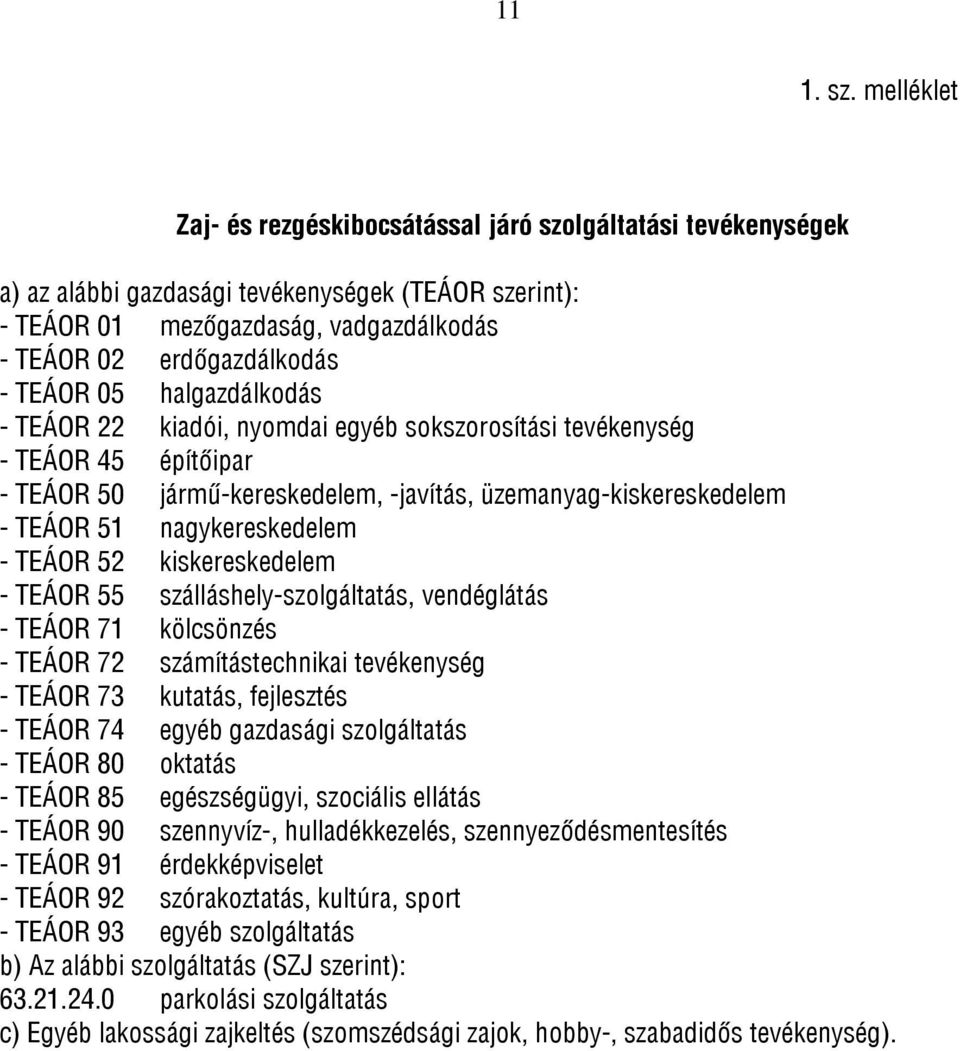 05 halgazdálkodás - TEÁOR 22 kiadói, nyomdai egyéb sokszorosítási tevékenység - TEÁOR 45 építőipar - TEÁOR 50 jármű-kereskedelem, -javítás, üzemanyag-kiskereskedelem - TEÁOR 51 nagykereskedelem -