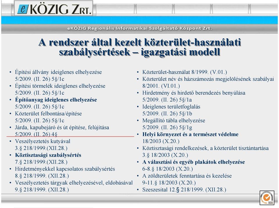 ) Köztisztasági szabálysértés 7. 218/1999.(XII.28.) Hirdetményekkel kapcsolatos szabálysértés 8. 218/1999. (XII.28.) Veszélyeztetés tárgyak elhelyezésével, eldobásával 9. 218/1999. (XII.28.) Közterület-használat 8/1999.