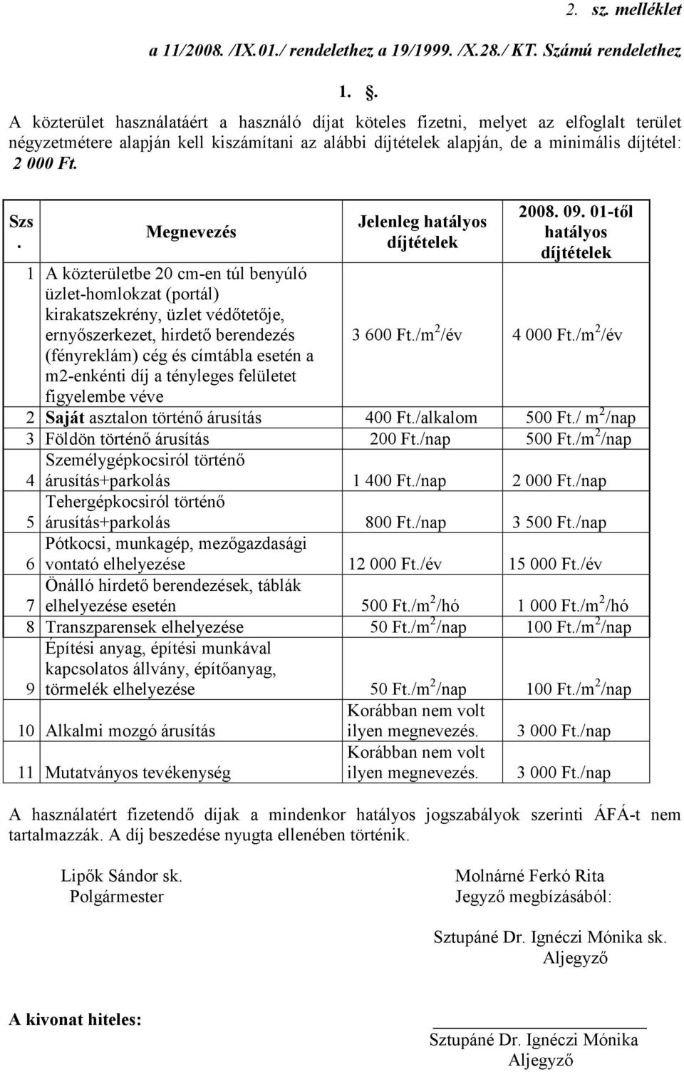 Megnevezés 1 A közterületbe 20 cm-en túl benyúló üzlet-homlokzat (portál) kirakatszekrény, üzlet védıtetıje, ernyıszerkezet, hirdetı berendezés (fényreklám) cég és címtábla esetén a m2-enkénti díj a