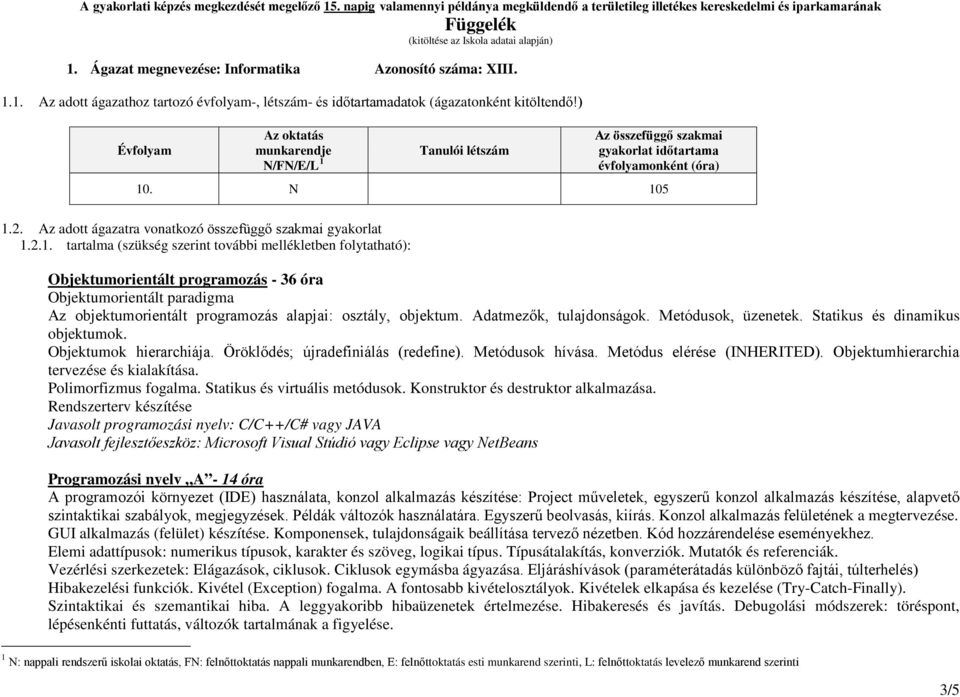 ) Évfolyam Az oktatás munkarendje N/FN/E/L 1 Tanulói létszám Az összefüggő szakmai gyakorlat időtartama évfolyamonként (óra) 10. N 105 1.2. Az adott ágazatra vonatkozó összefüggő szakmai gyakorlat 1.