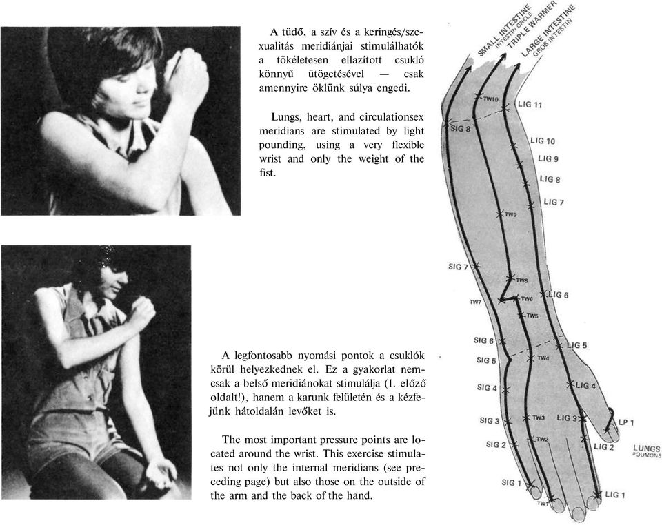 A legfontosabb nyomási pontok a csuklók körül helyezkednek el. Ez a gyakorlat nemcsak a bels meridiánokat stimulálja (1. el z oldalt!