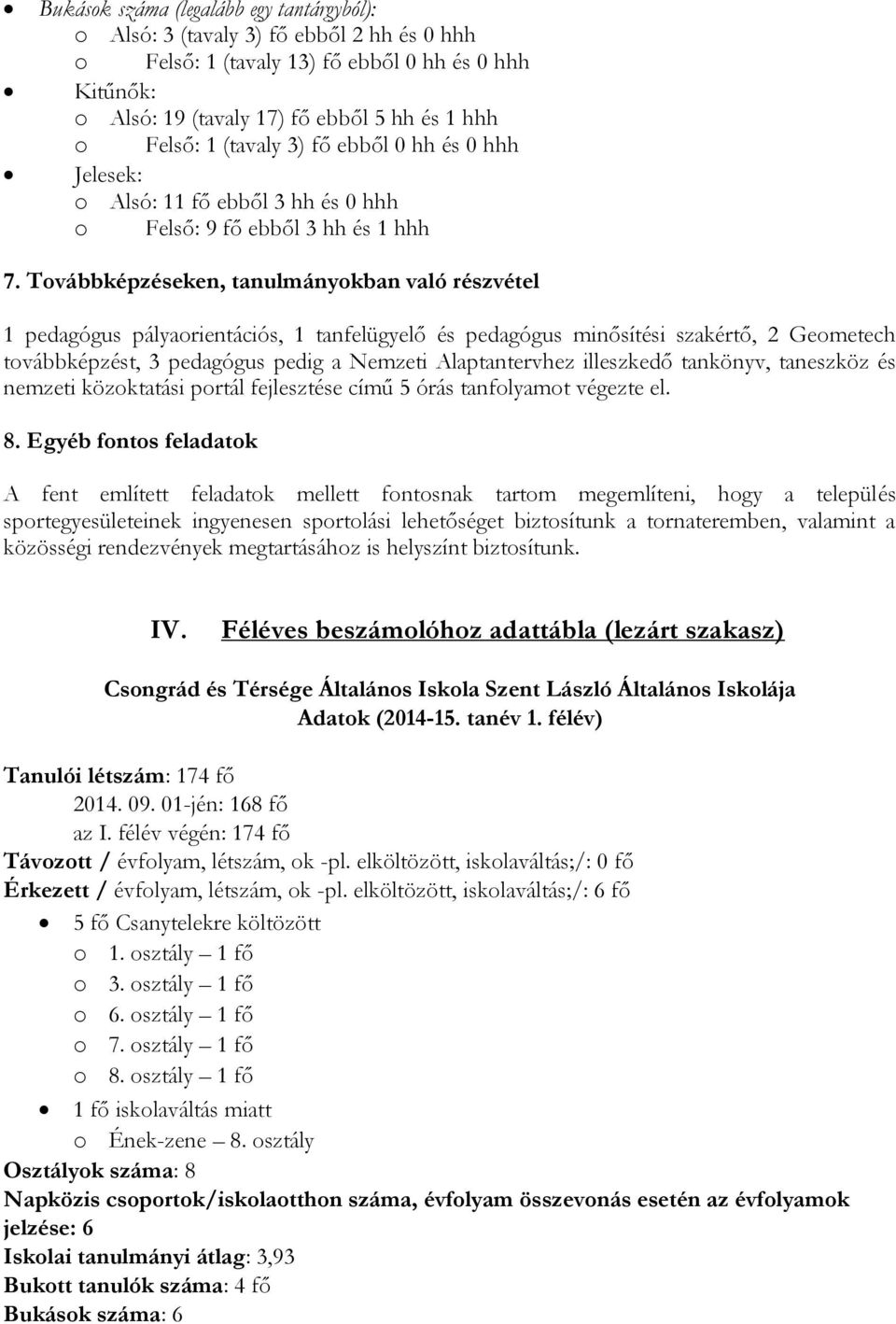 Továbbképzéseken, tanulmányokban való részvétel 1 pedagógus pályaorientációs, 1 tanfelügyelő és pedagógus minősítési szakértő, 2 Geometech továbbképzést, 3 pedagógus pedig a Nemzeti Alaptantervhez