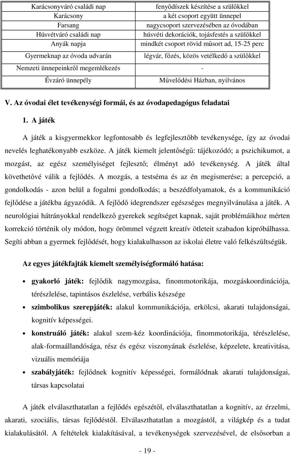 Mővelıdési Házban, nyilvános V. Az óvodai élet tevékenységi formái, és az óvodapedagógus feladatai 1.