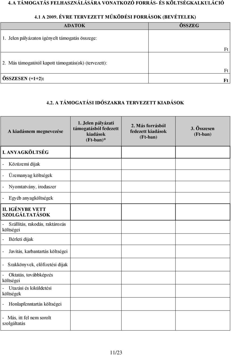 Jelen pályázati támogatásból fedezett kiadások (Ft-ban)* 2. Más forrásból fedezett kiadások (Ft-ban) 3. Összesen (Ft-ban) I.