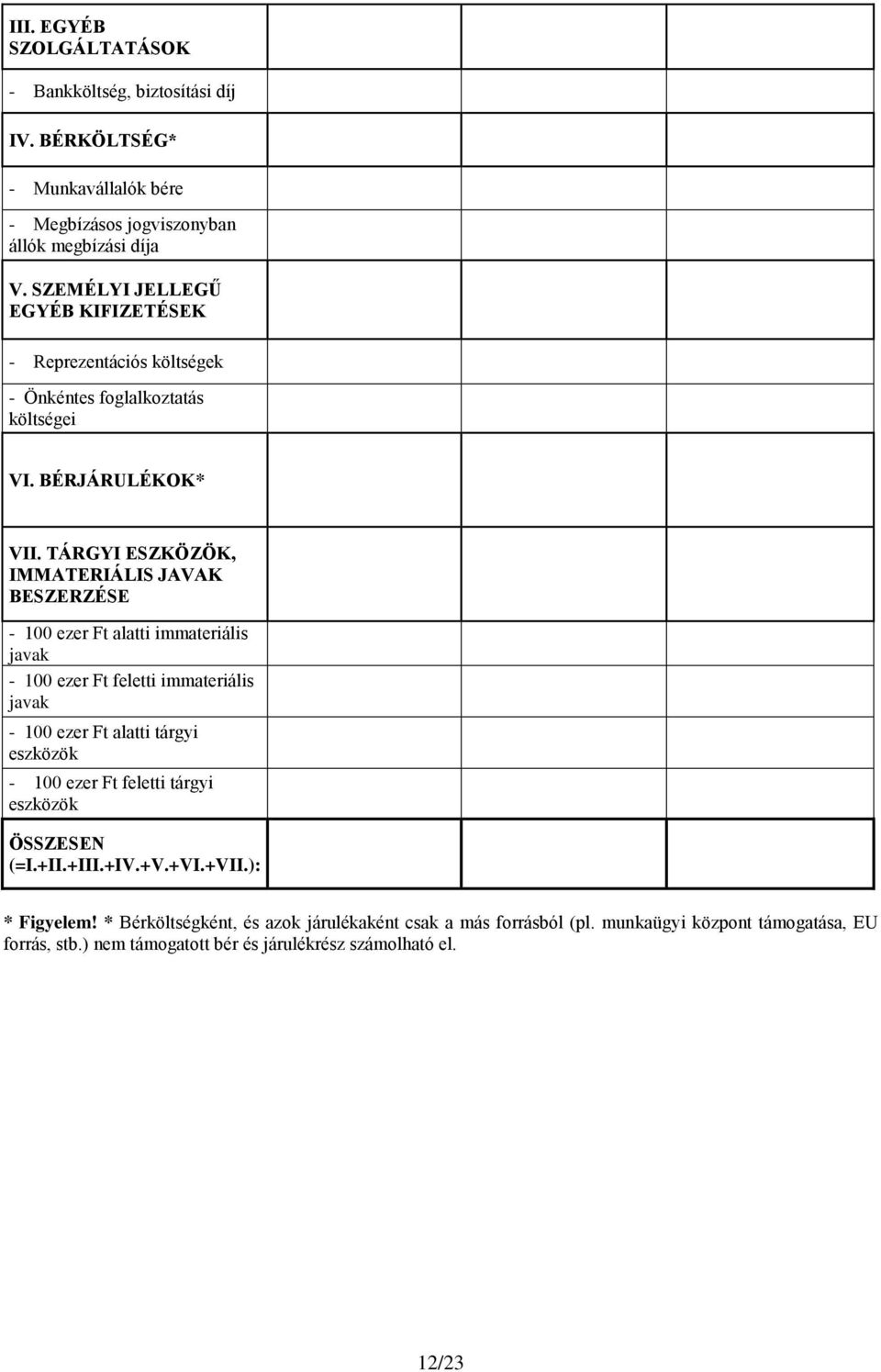 TÁRGYI ESZKÖZÖK, IMMATERIÁLIS JAVAK BESZERZÉSE - 100 ezer Ft alatti immateriális javak - 100 ezer Ft feletti immateriális javak - 100 ezer Ft alatti tárgyi eszközök - 100