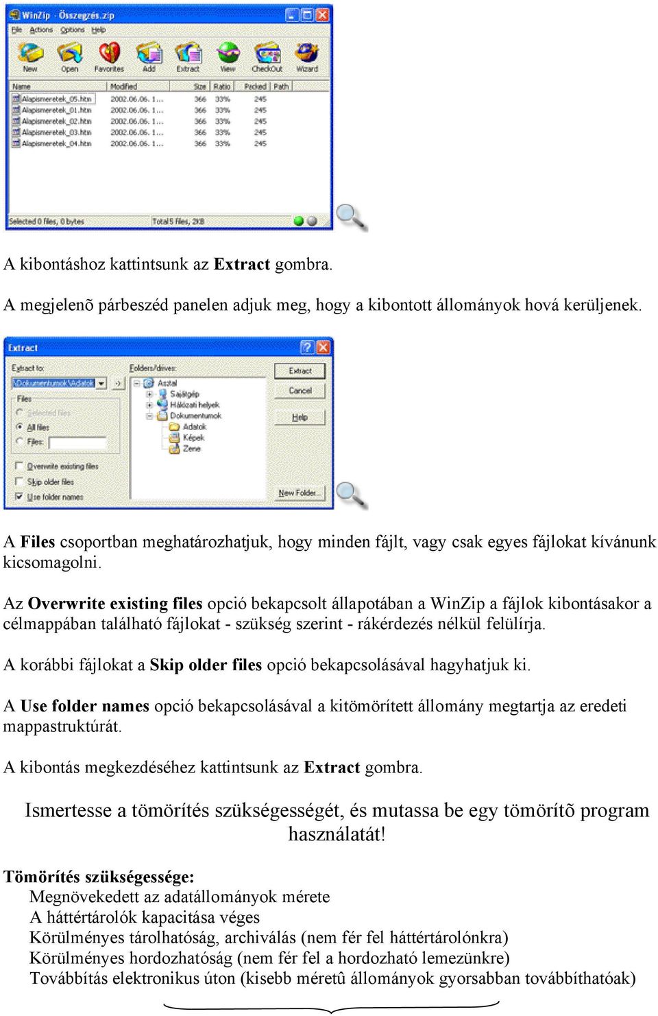 Az Overwrite existing files opció bekapcsolt állapotában a WinZip a fájlok kibontásakor a célmappában található fájlokat - szükség szerint - rákérdezés nélkül felülírja.